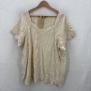 Democracy Shirt Womens 3X Beige Embroidered Boho Peasant Tunic Top Rayon Y2K